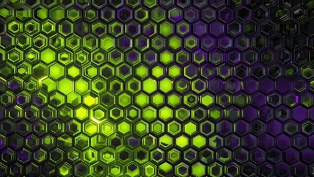 Abstract background with a pattern of glowing green and purple hexagonal cells, 3d render of a futuristic honeycomb structure with metallic and light effects