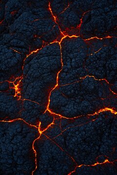 Aerial view of glowing lava flows and cooling volcanic rock texture, molten magma cracks on dark basalt surface, natural geological phenomenon of active volcano eruption