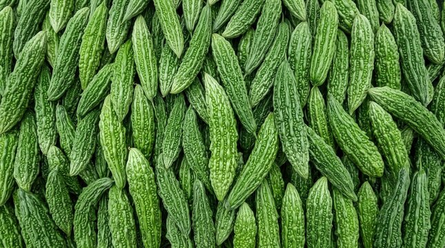 Fresh green bitter melons in a tight overhead composition perfect for vegan food recipes, grocery marketing, and nutrition website backgrounds