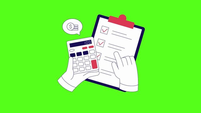 Hands using a calculator and checking a clipboard list on a bright green background with holding calculator marking clipboard document against vector style animation video animated hands checklist