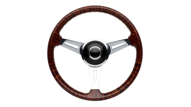 Polished chrome and dark wood grain steering wheel, isolated on transparent background
