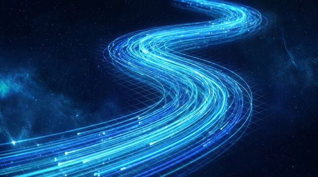 Abstract blue light streaks flow along a digital grid against a dark cosmic background with luminous grid pattern stream over luminous trails move winding bright blue