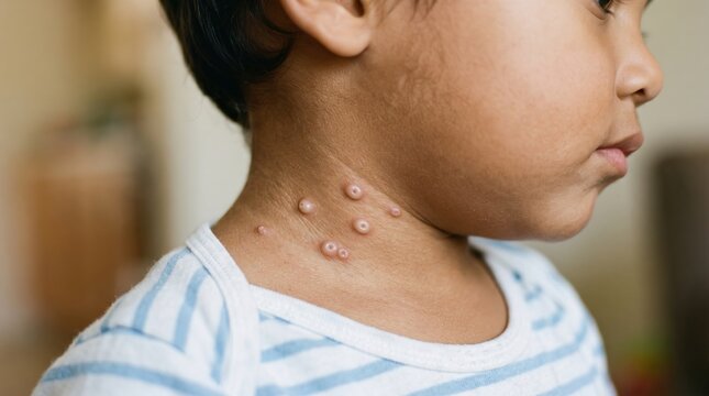 Pediatric Dermatology View of Molluscum Contagiosum Viral Papules on Child Neck Skin