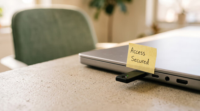 A black hardware security key with a green light plugged into a laptop port next to a yellow sticky note reading Access Secured on a desk.