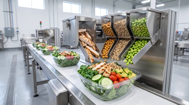 Food production line assembling pre packaged salads with grilled chicken grains and vegetables