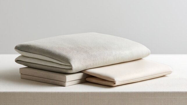 A folded light grey quilted fabric blanket resting on of a flat beige box on a clean white surface against a plain neutral wall background