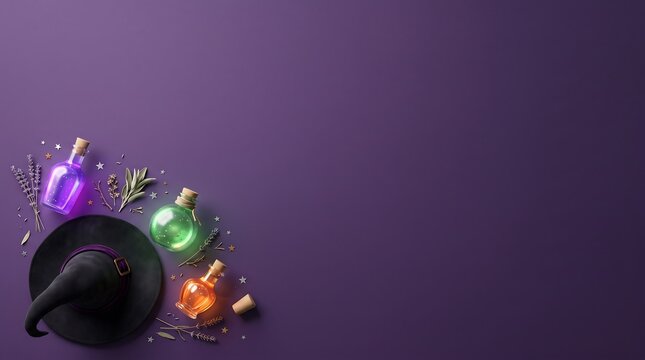 Halloween witch hat with glowing magic potion bottles and dried herbs on purple background with copy space