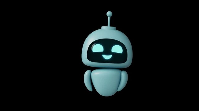 Three cute blue robots with glowing faces and speech bubbles isolated on black background with robots displaying different different poses floating video three animated communication intelligence