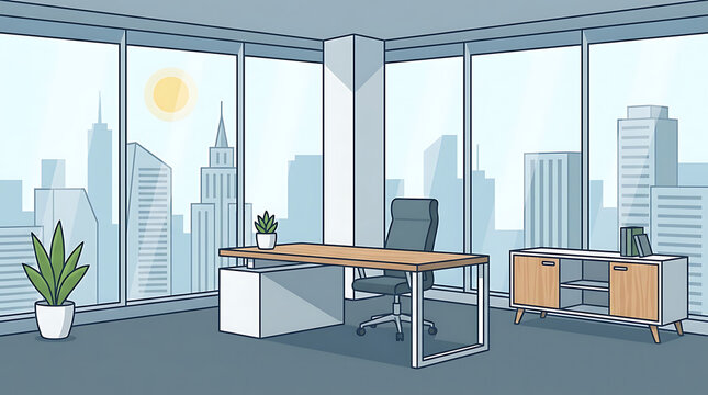 Modern executive office corner with desk, chair, plant and cityscape view