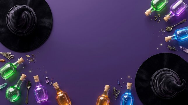 Witchcraft flat lay background with black hats and magic potion bottles on purple background