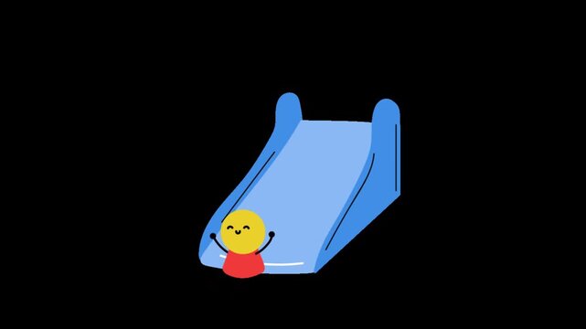 Cartoon character sliding down a blue playground slide in a simple flat animation on black with solid black background cute yellow character character red shirt flat graphic style two dimensional