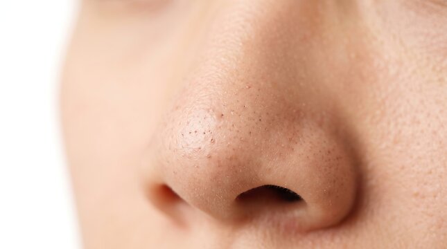 Macro Close-up of Open Comedones Blackheads and Enlarged Pores on Nose Tip Skin