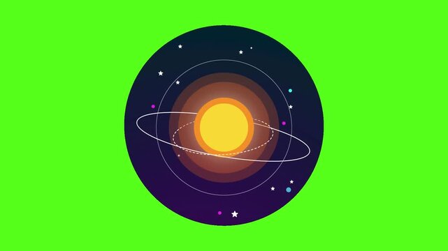 Three circular icons showing solar systems with orbiting planets against a bright green background screen with icons depicting stylized displays three distinct central suns orbiting astrophysics