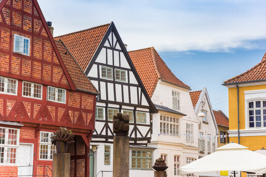 Half timbered houses at the central square of Haderslev, Denmark
