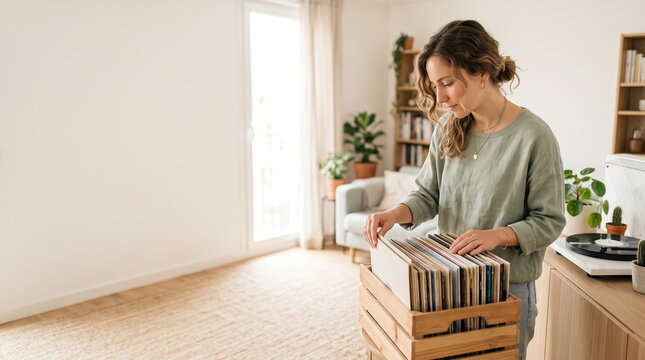 Woman selecting a vinyl record in a music store