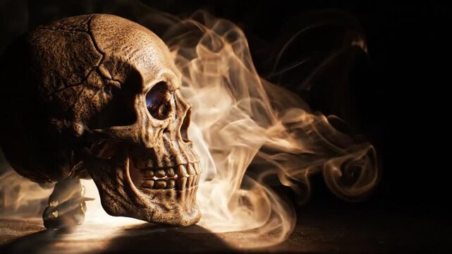 Human skull with glowing eyes and smoke in dark background for horror or gothic concept