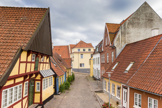 Half timbered house with leaning facade in Sonderborg, Denmark