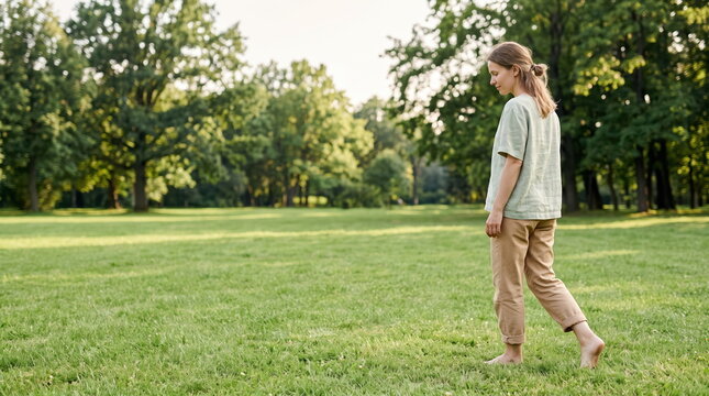 Woman Practicing Mindfulness While Walking Barefoot on Grass in Nature