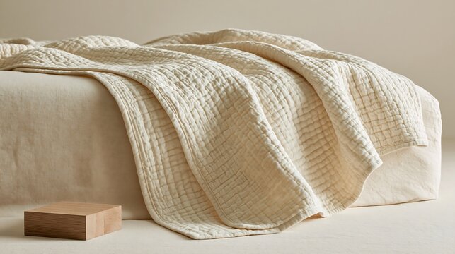 A soft beige quilted blanket with a textured grid pattern draped over a bed with a small wooden block placed on the surface in the foreground