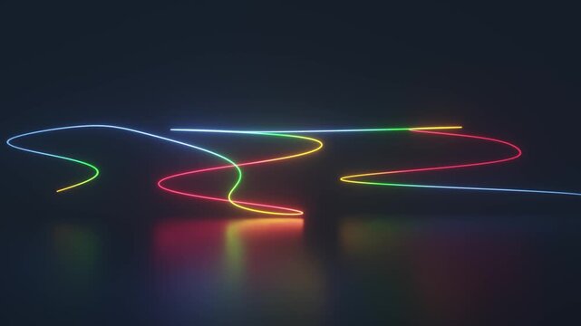 Minimal neon light trails gliding across dark reflective surface in loop