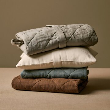 A stack of four folded quilted fabric wraps and a pillow in sage green, cream, dark green, and brown colors on a neutral beige surface