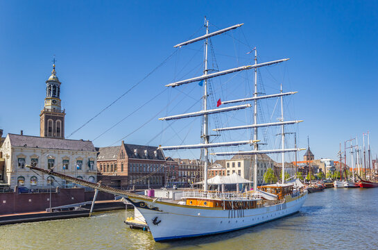 Historic sailing ship at the quay of the river IJssel in Kampen, Netherlands
