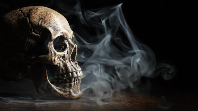 Human skull with wispy smoke on dark background for gothic or medical concept photography.