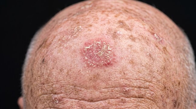 Dermatology View of Actinic Keratosis Crusty Sun Damaged Plaque on Bald Elderly Scalp