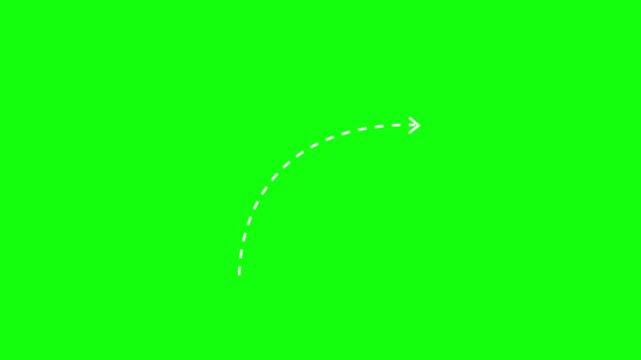 Dotted arrow animated drawing curve turning right pointer path trajectory on 4k green screen background