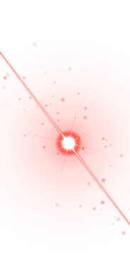 Abstract red circular background, with a central, glowing starburst and, radiating light beams, featuring small floating, particles in space isolated on a transparent background