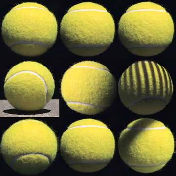 nine tennis balls in various angles a detailed view
