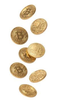 Falling gold bitcoin coins isolated on transparent background