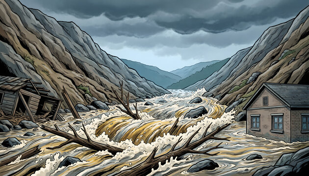 Devastating flash flood and mudslide rushing through mountain valley destroying houses, vector illustration