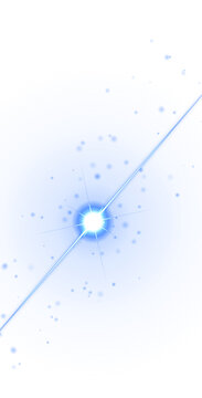 Abstract blue circular background, with a central, glowing starburst and, radiating light beams, featuring small floating, particles in space isolated on a transparent background