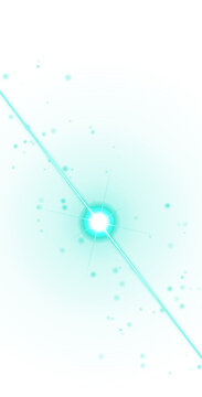 Abstract cyan circular background, with a central, glowing starburst and, radiating light beams, featuring small floating, particles in space isolated on a transparent background