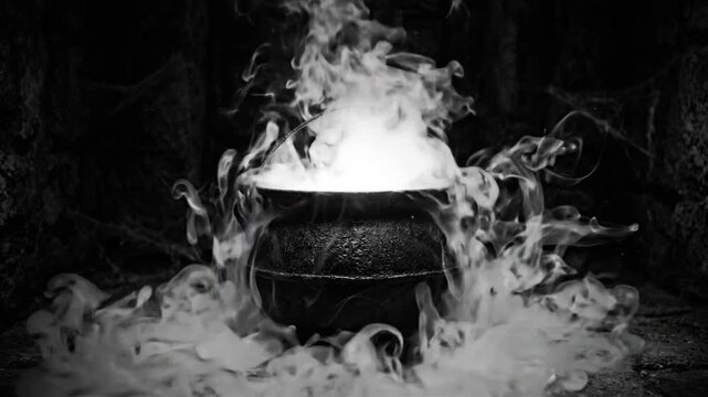 Black iron cauldron with thick white steam rising in a dark mysterious stone dungeon setting