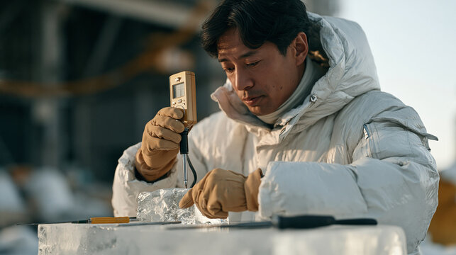 An ice sculptor calibrating a precision temperature gauge in a desolate empty warehouse space, a solo artist entirely absorbed in the focused technical task, a symbolic still life