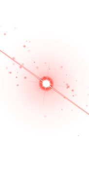 Abstract coral red circular background, with a central, glowing starburst and, radiating light beams, featuring small floating, particles in isolated on a transparent background