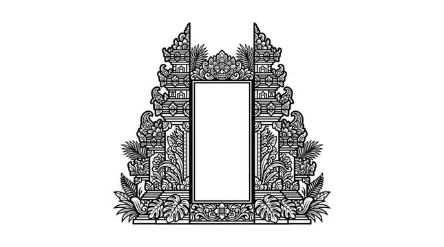 Balinese temple gate outline with intricate tropical foliage, monochrome vector graphic for whiskey label, vertical rectangular frame