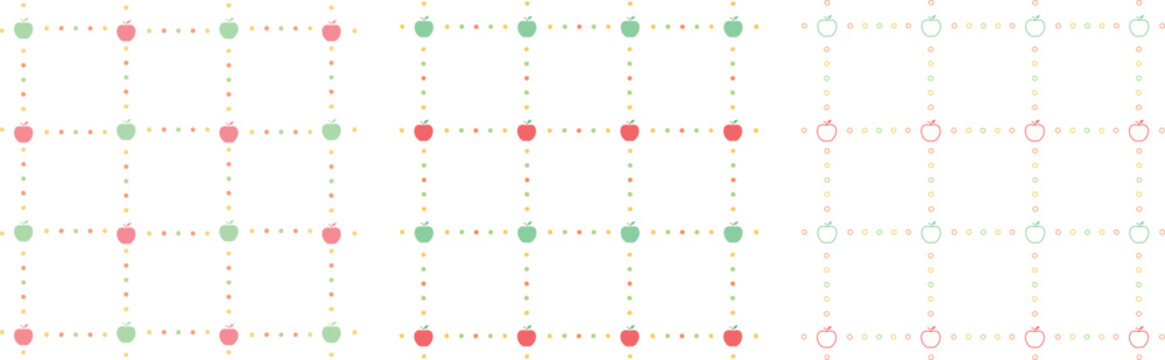 りんごがラフな点線でつながれた四角いマス目のグリッド模様のセット
