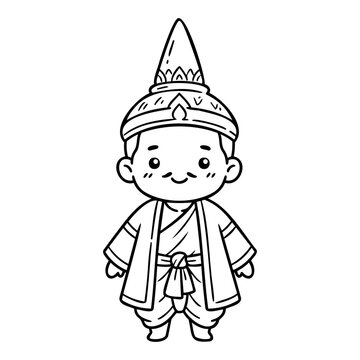 Traditional Brahmin Character in Court Attire with Ornate Headgear and Expressive Features in a Simple Style