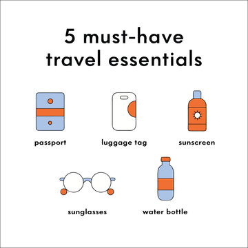 Travel essentials infographic set with five icons for vacation planning and trip packing.