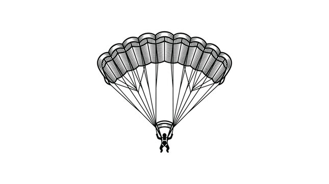 Elegant vintage parachute silhouette, monochrome black engraving lines on a flat white background, professional skydiving vector illustration