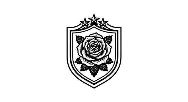 Formal heraldic crest badge with a rose in full bloom, French shield shape, stars on top, ornate keyline frame, intricate hand ink illustration