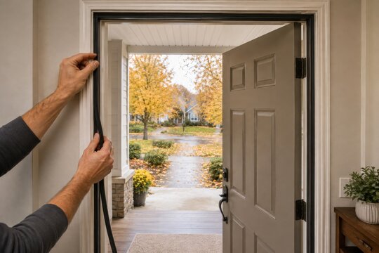 Installing weatherstripping around a front door in autumn to prevent drafts, improve home insulation and prepare the house for colder weather