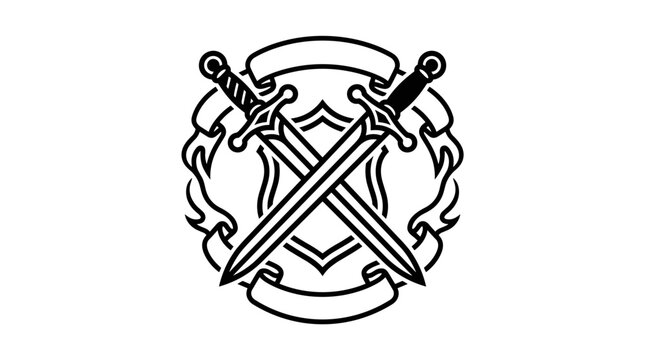 Heraldic crest with crossed swords and ribbon border, classic engraving style, solid black outline on plain background