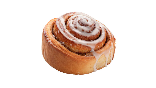 Delicious sweet cinnamon roll pastry with white sugar glaze isolated on transparent background for breakfast bakery cafe menu.