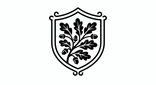 Isolated black oak branch with acorns inside a simple shield emblem outline, modern flat icon style