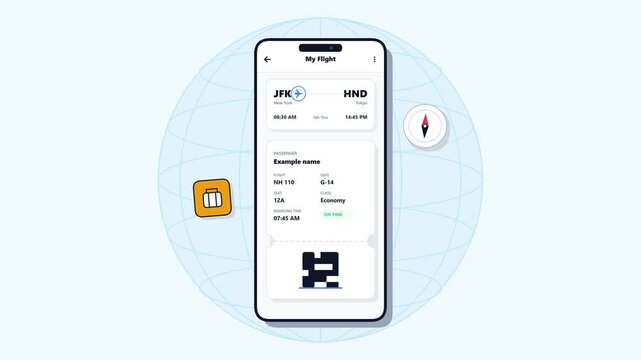 Smartphone Displaying Travel Flight Search and Destination Booking Interface Motion Illustration