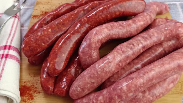 zoom avant sur un tas de merguez et saucisses fra&icirc;ches crues	
